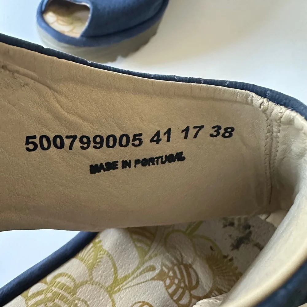 Fly London Ypul Wedge Sandals Navy Blue Perforated Suede Peep Toe size 38